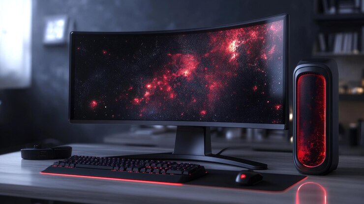 PSD a modern gaming setup with a curved monitor keyboard mouse and pc tower