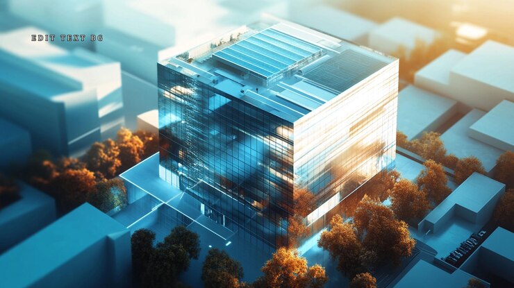 PSD modern glass skyscraper in city aerial view