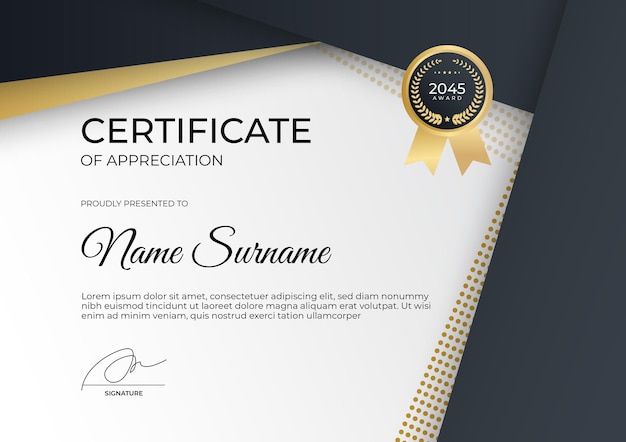 PSD modello di certificato di successo o certificato di apprezzamento moderno in oro nero