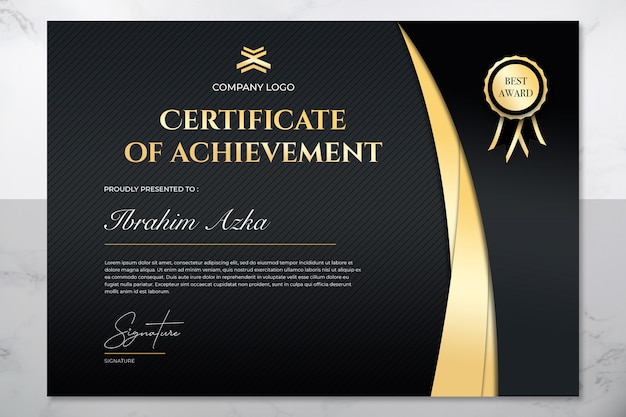 PSD modern gold and black certificate of achievement template