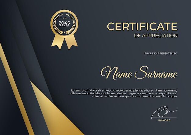 PSD Современный золотой черный сертификат достижений или шаблон сертификата признательности