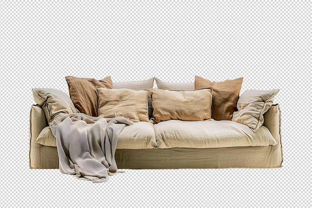 Modern grey fabric sofa with pillows isolated on white