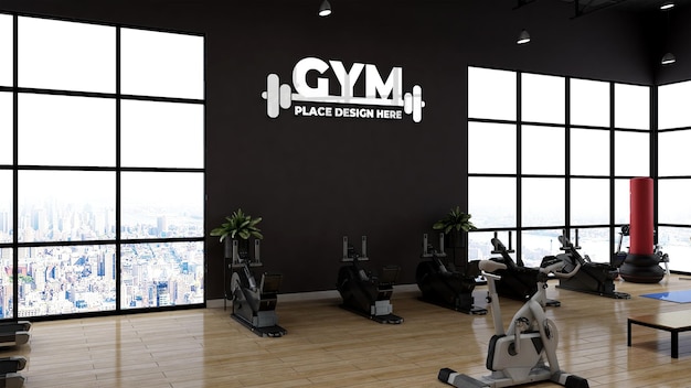 PSD modern gym or fitness room wall sports logo mockup for branding