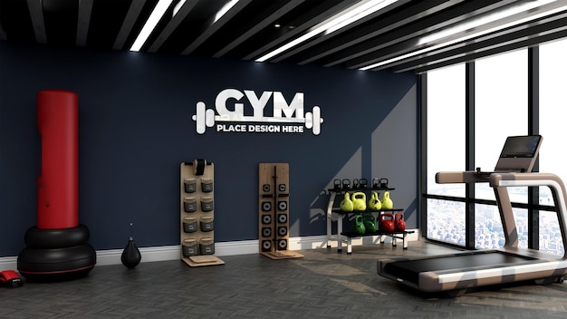 modern gym interior wall logo mockup with view sky building