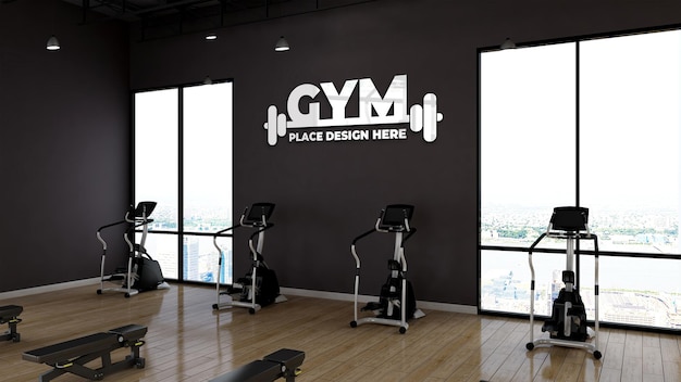 Modern gym interior wall logo mockup