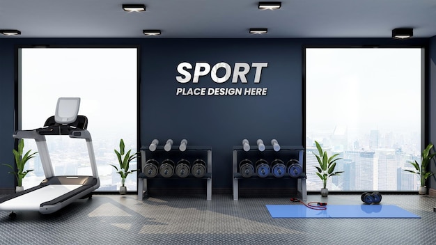 Modern gym interior wall logo mockup