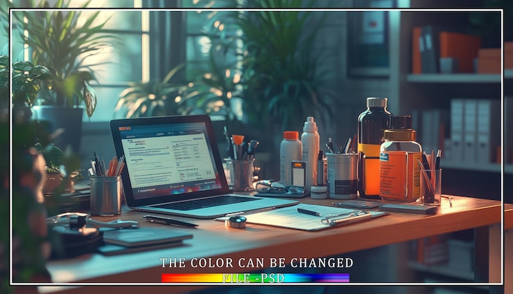 PSD a modern home office desk with a laptop stationery and plants
