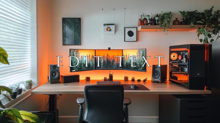PSD modern home office setup with triple monitor rgb lighting and plants