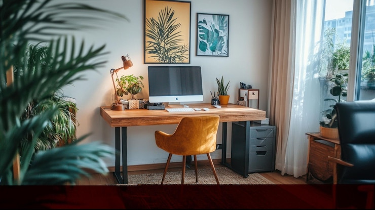 PSD modern home office with desk chair plants and computer