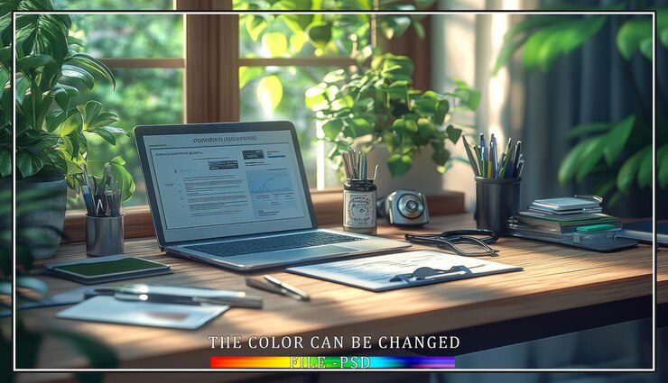 PSD a modern home office with a laptop plants and sunlight streaming in through the window