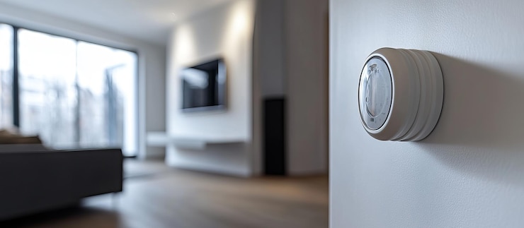 PSD modern home thermostat on a white wall