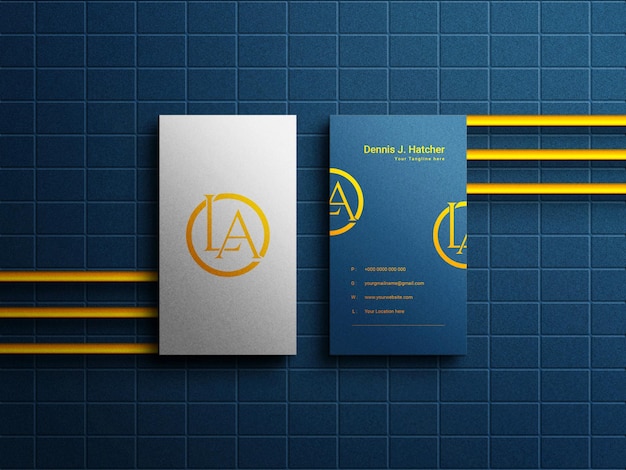 Modern horizontal luxury business card mockup in blue wall texture background