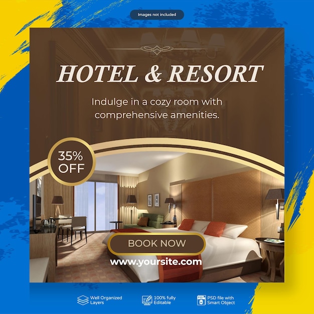 Modern hotel business online hotel booking marketing post social media template poster