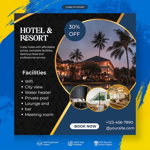 PSD modern hotel business online hotel booking marketing post social media template poster