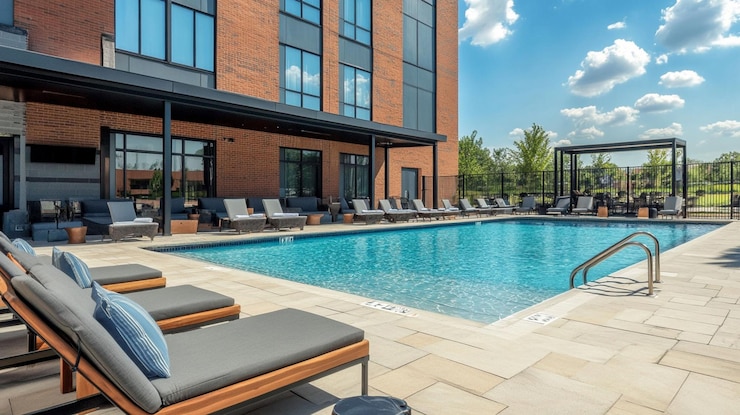 PSD modern hotel pool with lounge chairs patio furniture and pergola under a sunny sky