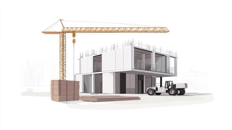 PSD modern house under construction with crane and dumper truck