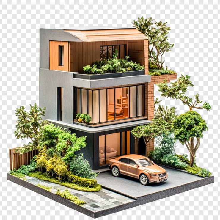 PSD modern house model with car green landscaping