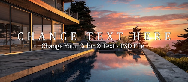 PSD modern house with pool and sunset