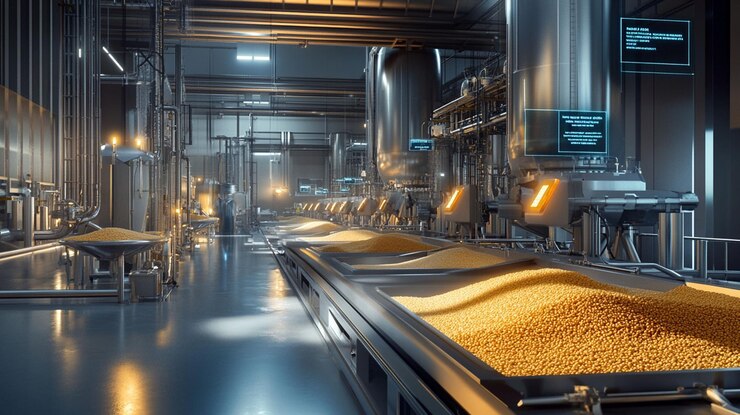 PSD modern industrial food processing plant with automated conveyor belts and grain