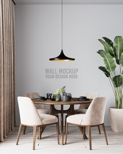 Modern interior dining room wall mockup with brown chairs and plants