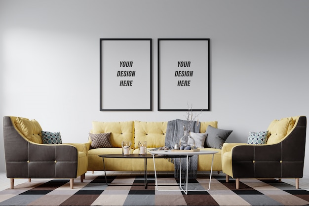 Modern interior living room frame e wall mockup