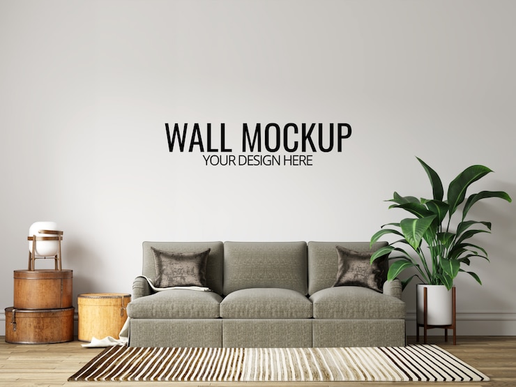 PSD modern interior living room wall background mockup with furniture and decor