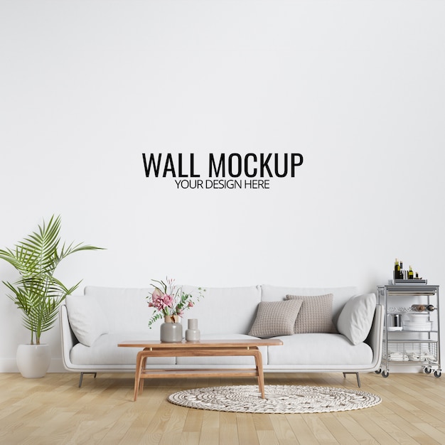 PSD mockup di parete soggiorno moderno interno con mobili e decorazioni