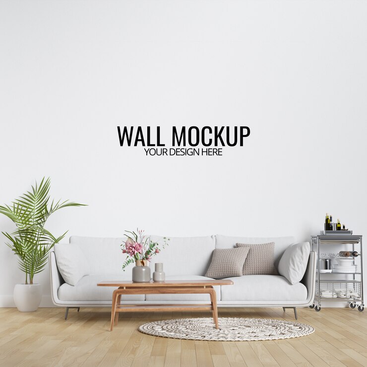 PSD modern interior living room wall mockup with furniture and decor