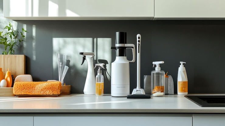 PSD modern kitchen cleaning supplies on countertop 1