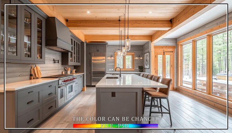 PSD modern kitchen with gray cabinets white countertops a large island and wooden beams