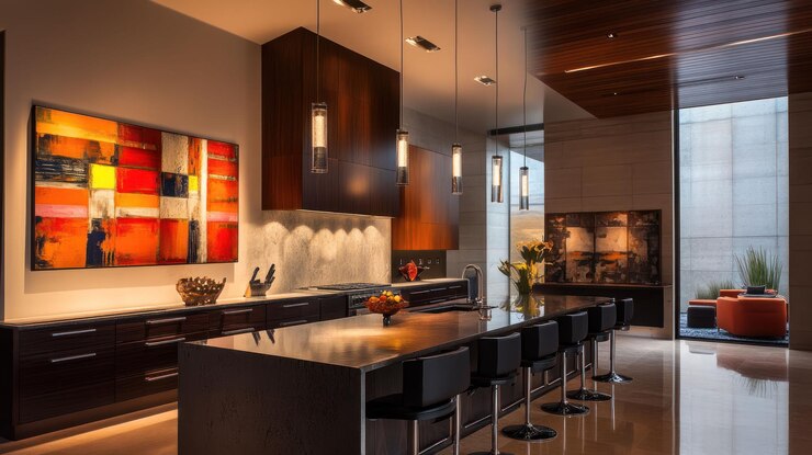 PSD modern kitchen with island dark cabinetry artwork and warm lighting
