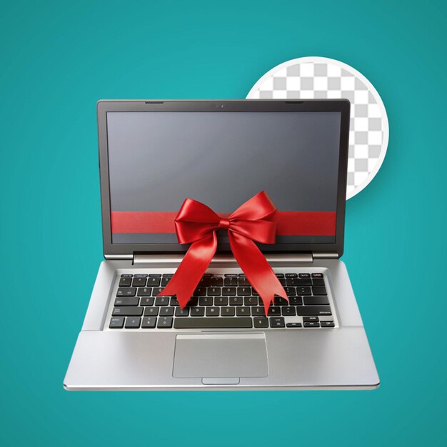 PSD modern laptop computer with red ribbon for christmas on a transparent background