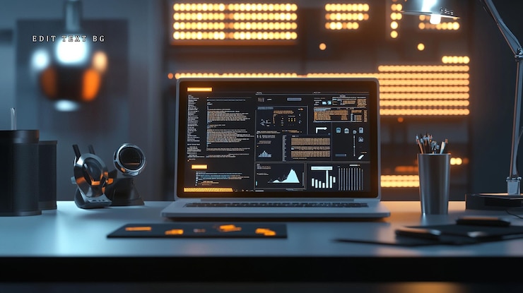 PSD modern laptop displaying code on a desk in a dimly lit room with glowing panels in the background