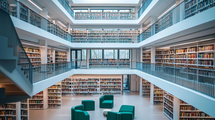 PSD modern library interior with bookshelves seating area and atrium