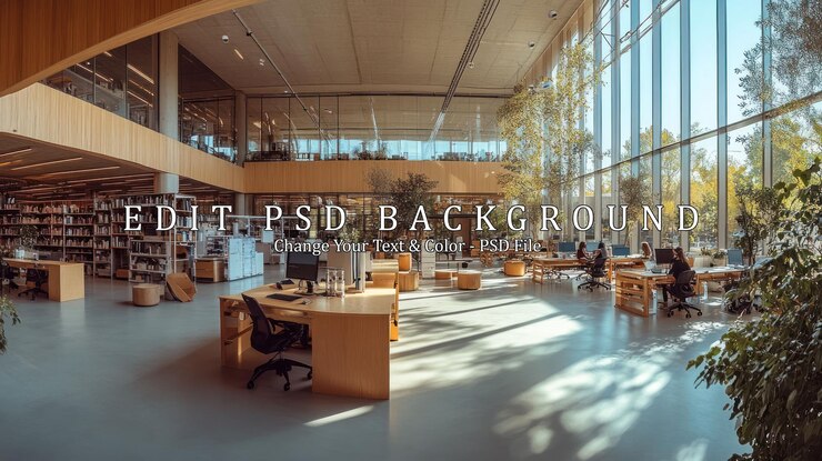 PSD modern library interior with natural light