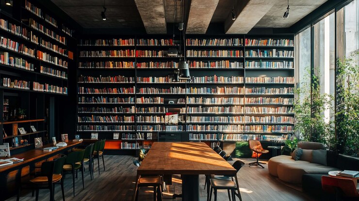 PSD 現代的な図書館のインテリアには数多くの本棚快適な座席大きな木製のテーブルがあり大きな窓から日光が流れ込んでいます