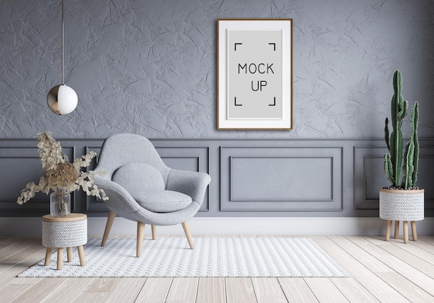 Современный дизайн интерьера гостиной и лофта. серый диван на бетонной стене и макете рамы. 3d визуализация