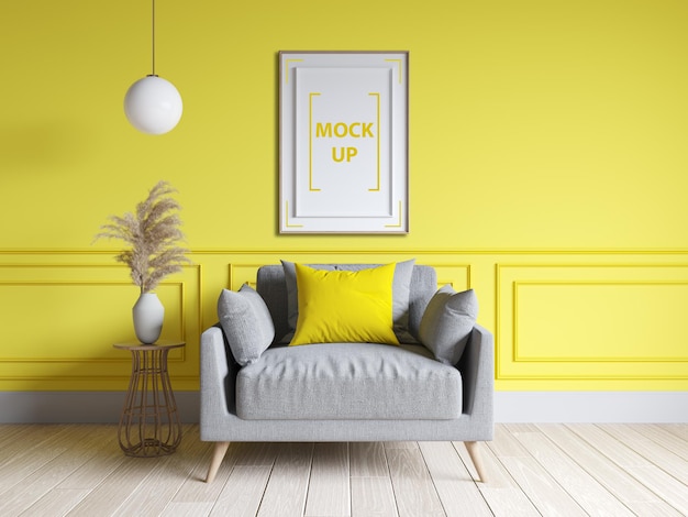 Design degli interni del soggiorno moderno con mockup di cornice