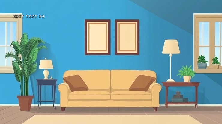 PSD modern living room interior with beige sofa blue walls plants and lamps