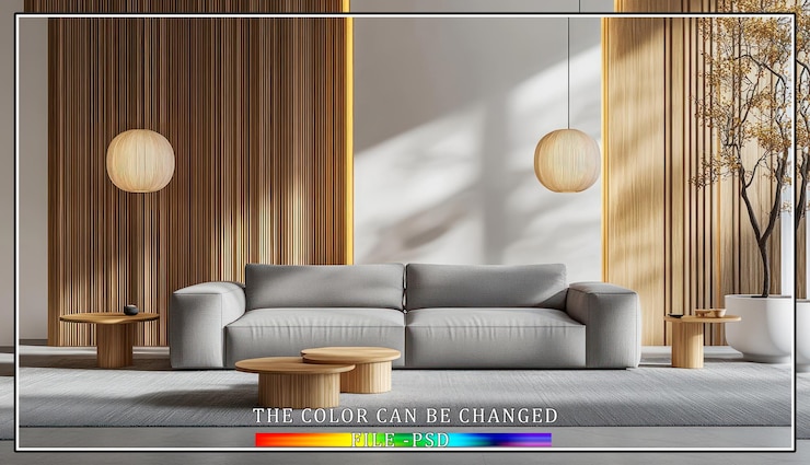 PSD modern living room interior with a gray sofa wooden accents and natural light