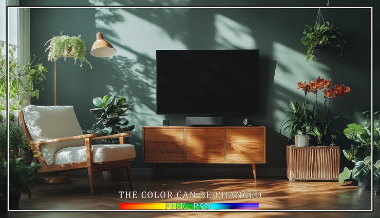 PSD modern living room interior with a tv armchair and plants