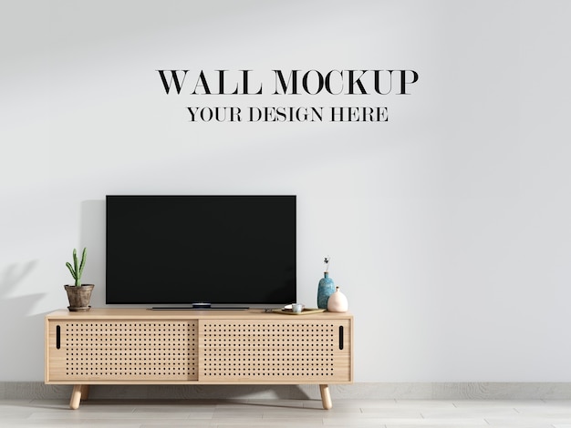 PSD modern living room wall mockup behind tv stand