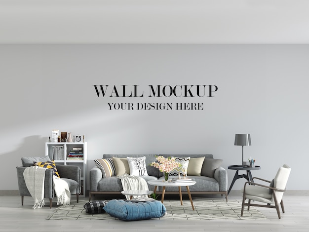 PSD modern living room wall mockup with furniture