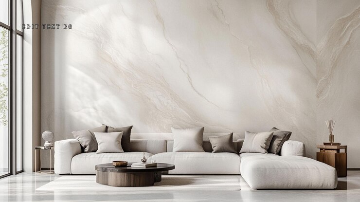Modern living room with beige marble wall sectional sofa and coffee table
