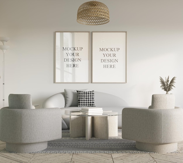 modern living room with mockup poster framed sofa and armchair 3d illustration