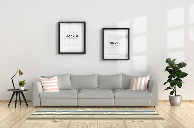 Modern living room with sofa and frame mockup