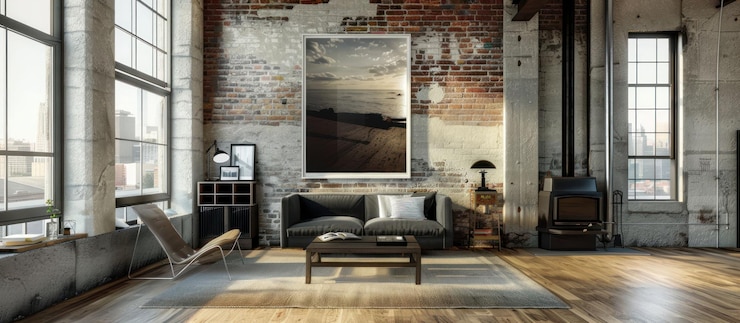 PSD modern loft living room with exposed brick wall large windows and a fireplace