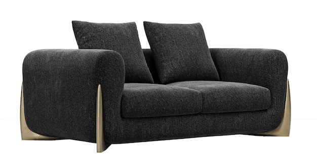 PSD divano nero moderno e di lusso con cuscini e gambe dorate isolate su sfondo bianco