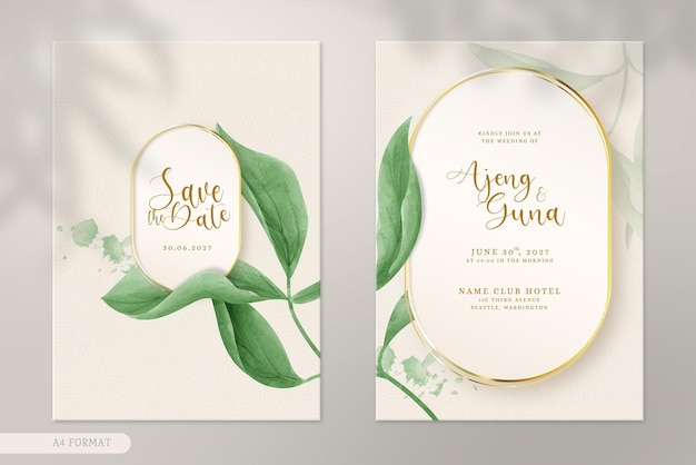 Modern and luxury double side wedding invitation template with green leaves watercolor ornaments