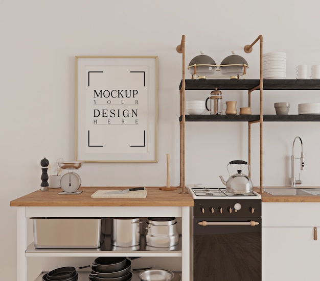 モックアップポスターフレームとモダンで豪華なキッチンデザイン